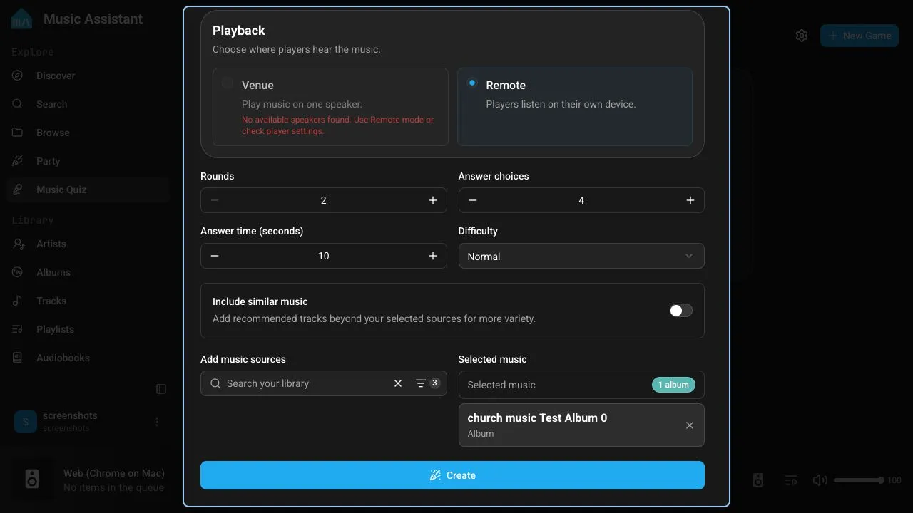 Configure a Music Quiz game with Remote playback, rounds, difficulty, and a selected album