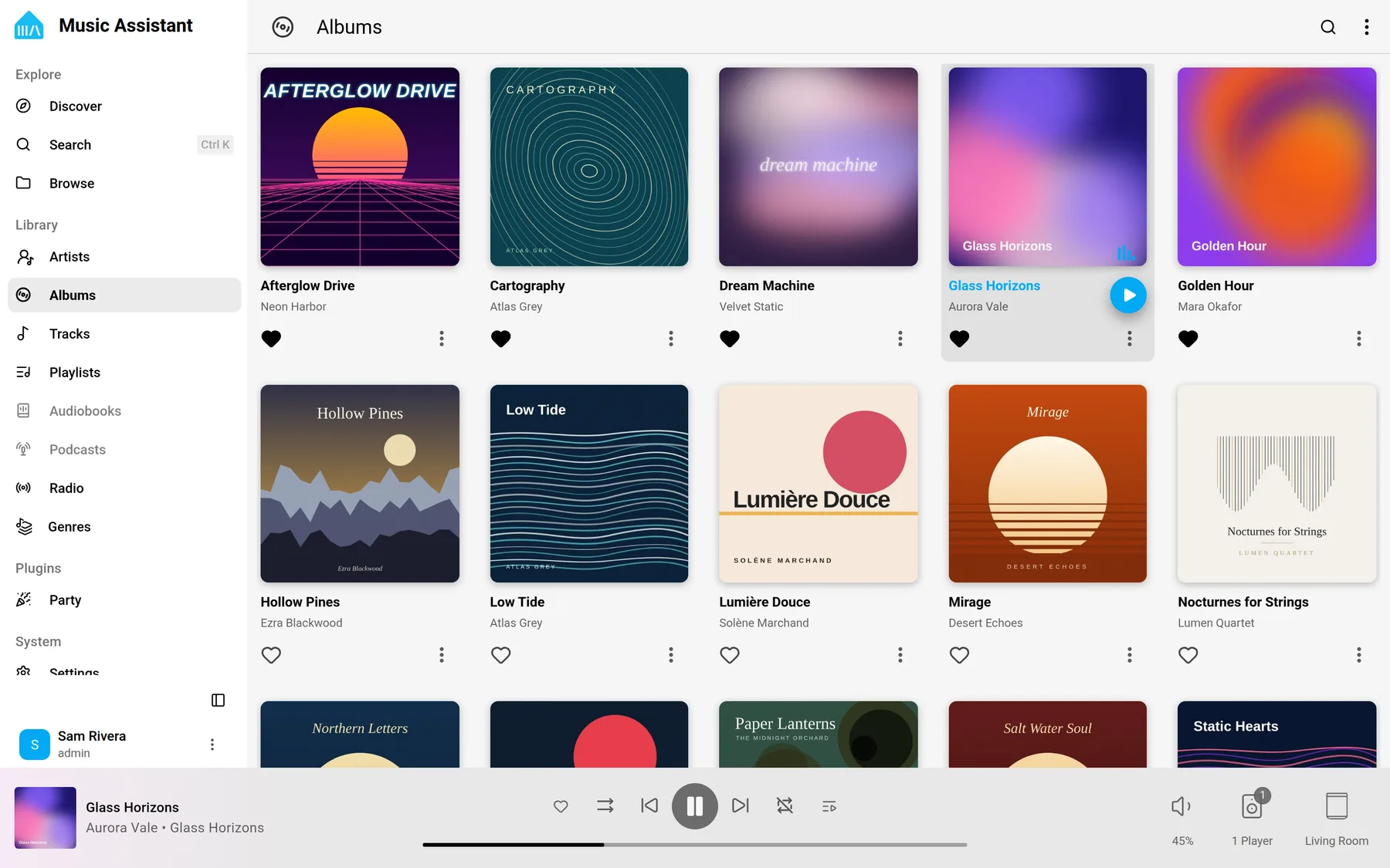 The album library in Music Assistant, a grid of album covers