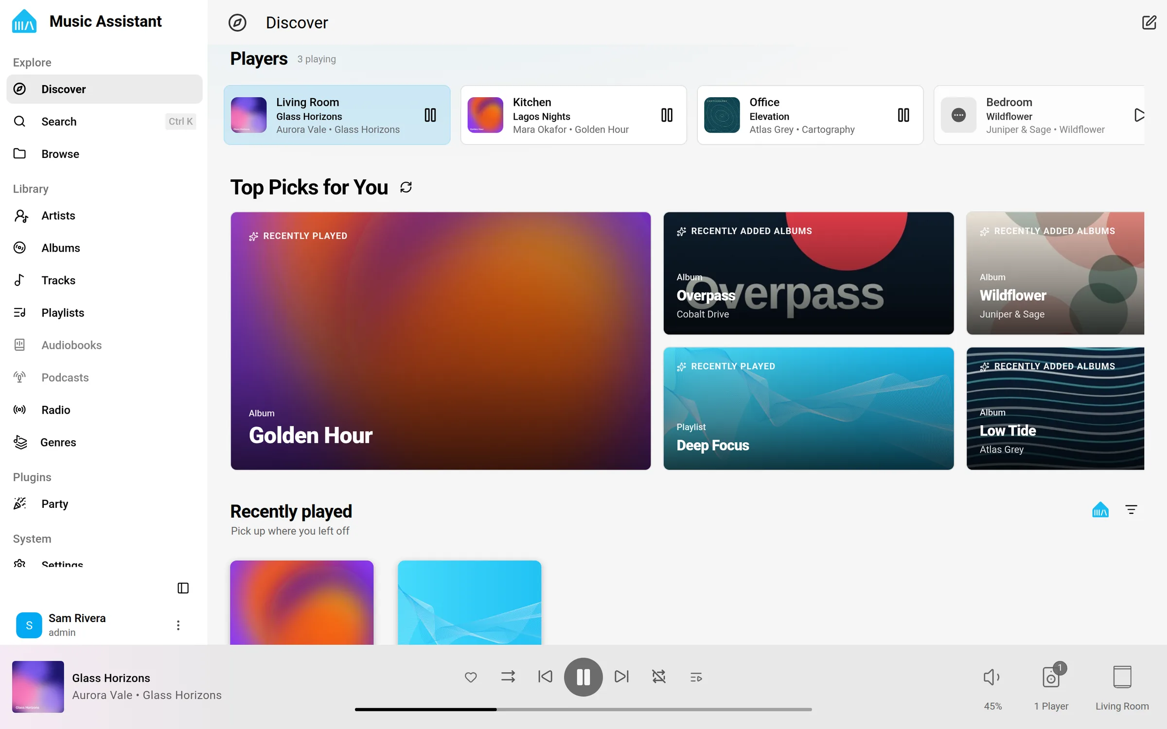 Music Assistant's Discover screen: speakers playing in different rooms, top picks and recently played music