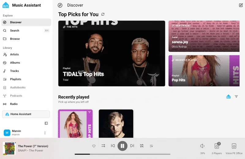 Screen recording of the redesigned player bar in Music Assistant, showing album art, track info, and playback controls as the user interacts with them.