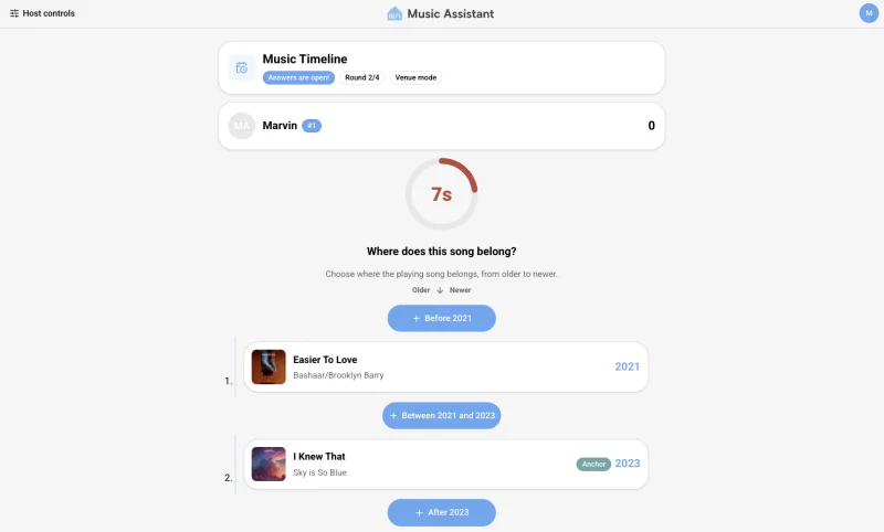 Screenshot of the Music Timeline game mode in Music Assistant’s Music Quiz plugin. A player named Marvin has a score of 0 with a 7-second countdown showing. The prompt reads “Where does this song belong?” with instructions to place the playing song on a timeline from older to newer. Two previously placed songs are shown as timeline entries: “Easier To Love” by Bastian/Brooklyn Barry (2021) and “I Knew That” by Sky Is So Blue (2023, marked “Another”). Buttons let the player place the current song “Before 2021,” “Between 2021 and 2023,” or “After 2023.”