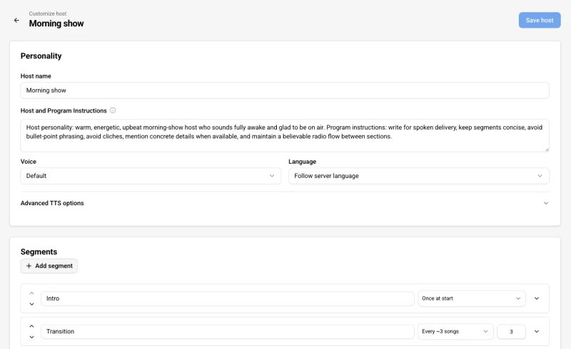 Screenshot of the AI Radio DJ configuration screen in Music Assistant, titled “Morning show.” A Personality section includes fields for host name, host and program instructions describing a warm, energetic morning show persona, plus dropdowns for voice and language. Below, a Segments section lists configurable radio segments including “Intro” (set to play once at start) and “Transition” (set to play every 3 songs), with a blue “Save host” button in the top right.